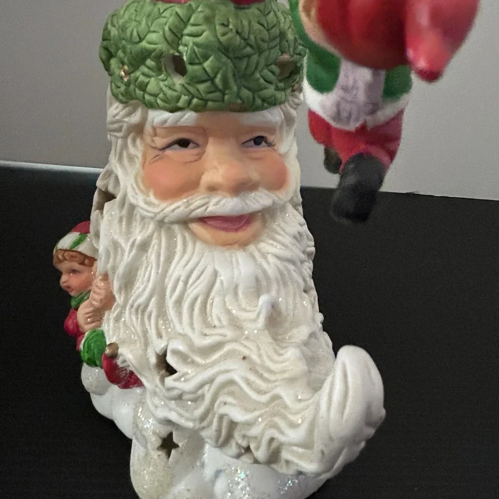 Light Up Ceramic Santa Moon Face With Elves‎ Christmas Decor Star Cutout